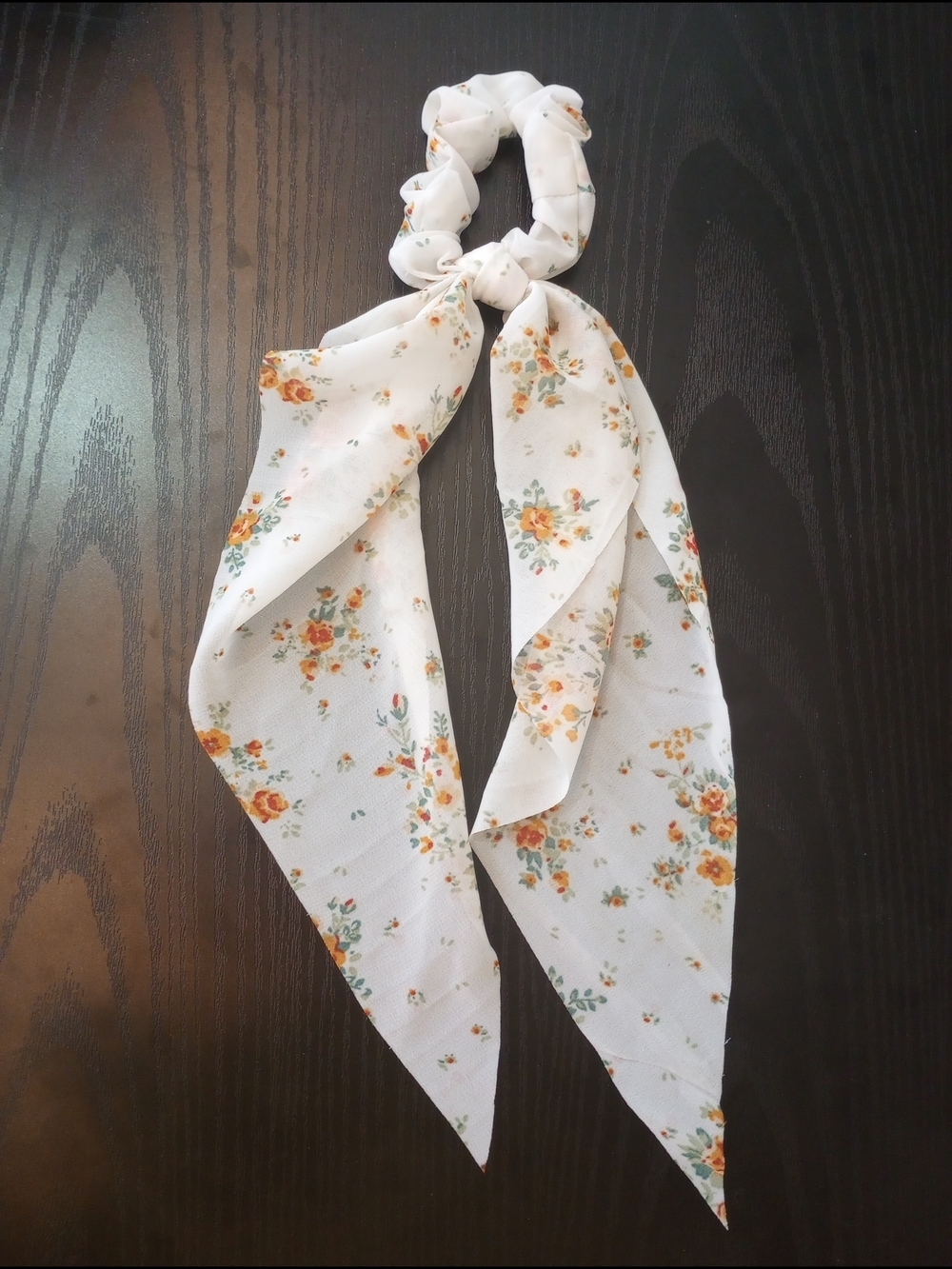 Floral Off-white Long Tail Scrunchie Orange Green Floral Design